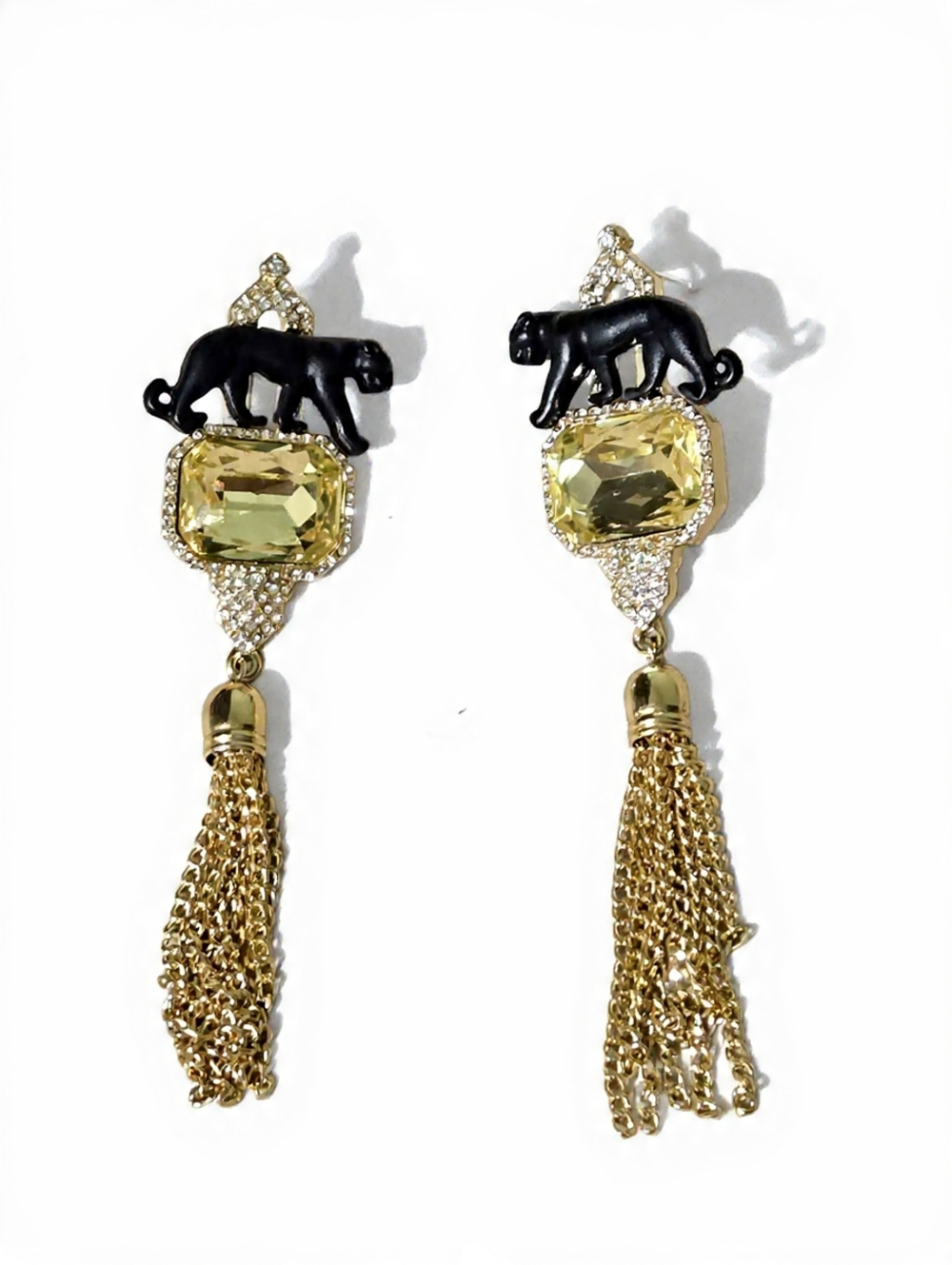 Bold Black Panther Cat Gold Tone Yellow Crystal Tassel Statement Earrings 3.5"